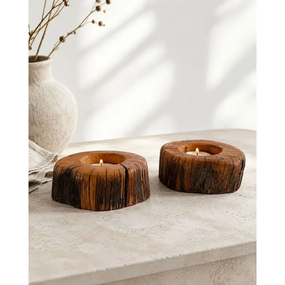 Vintage Hand Turned Natural Wood Log Votive Candle Holders Rustic Cabin Decor